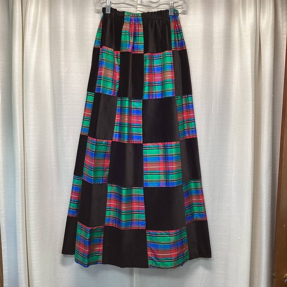 Vtg Mr Hank Black Velvet Plaid Patchwork Maxi Skirt Sash Belt S Festive Holiday